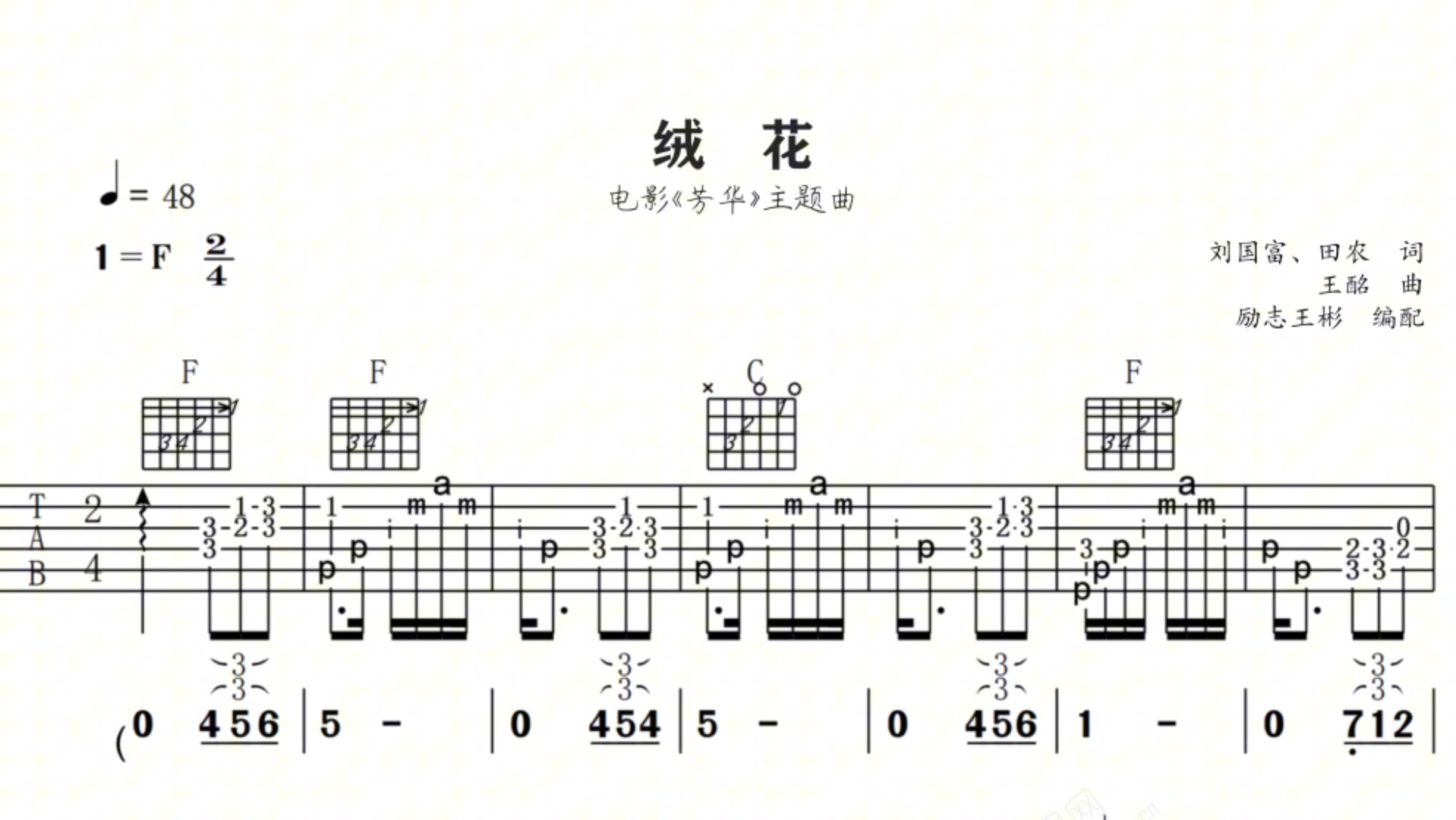 [图]韩红演唱的《绒花》吉他弹唱谱，《芳华》主题曲。