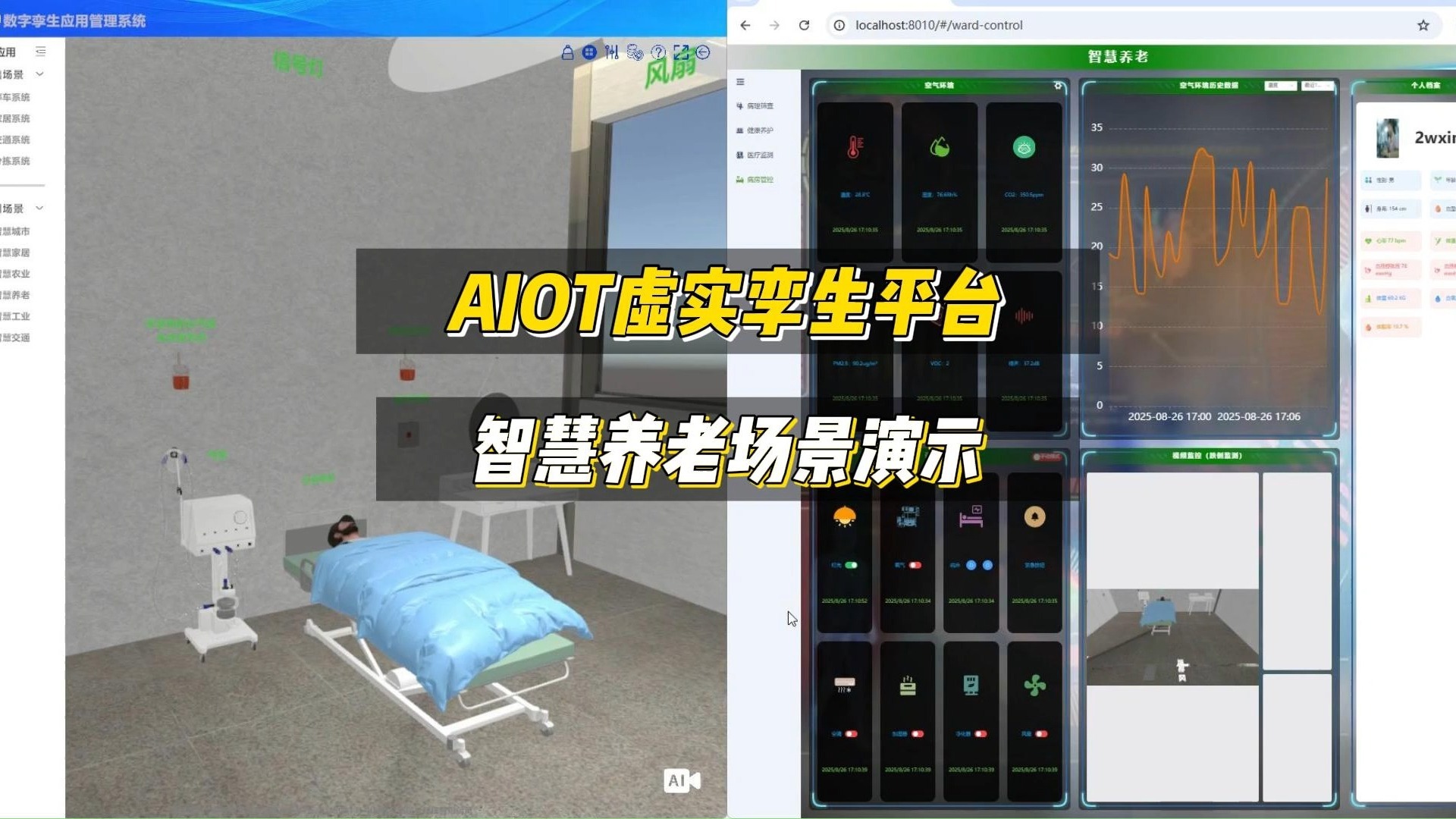 数字孪生|AIOT虚实孪生平台智慧养老场景演示，可视化操作