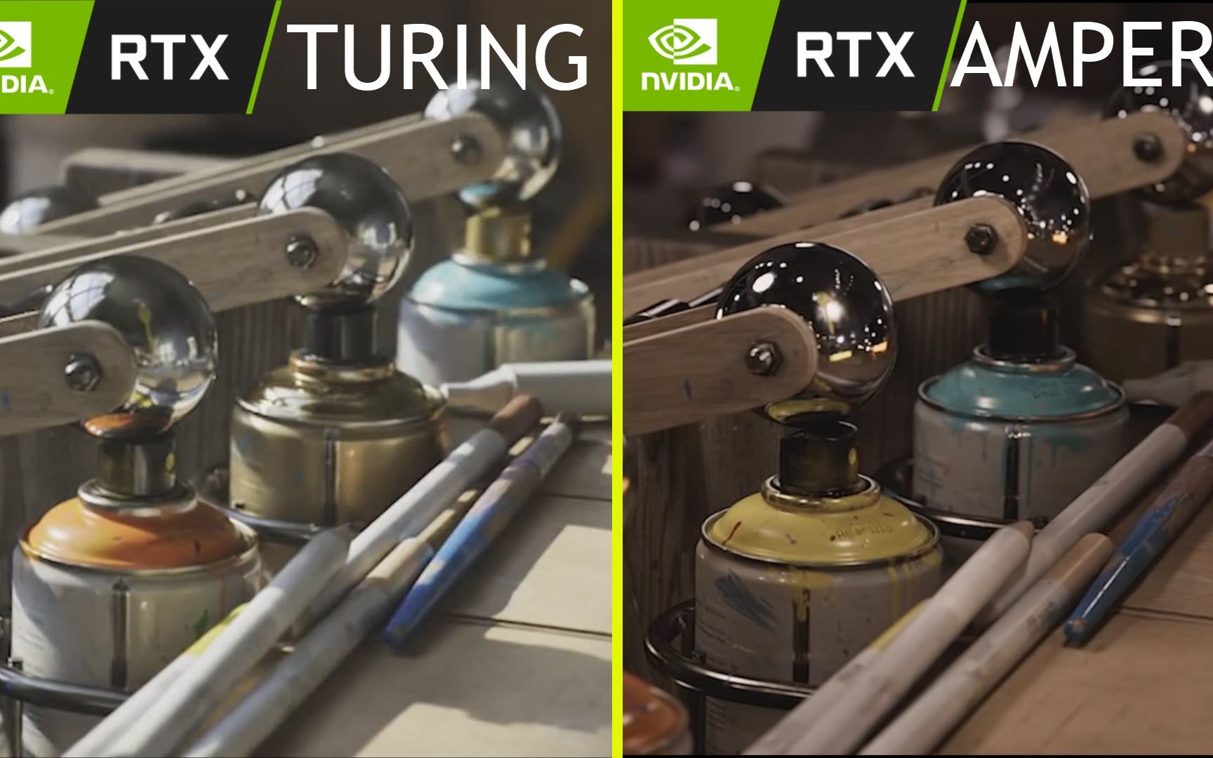 NVIDIA Marbles RTX 技术演示 TURING 与 AMPERE 早期显卡比较