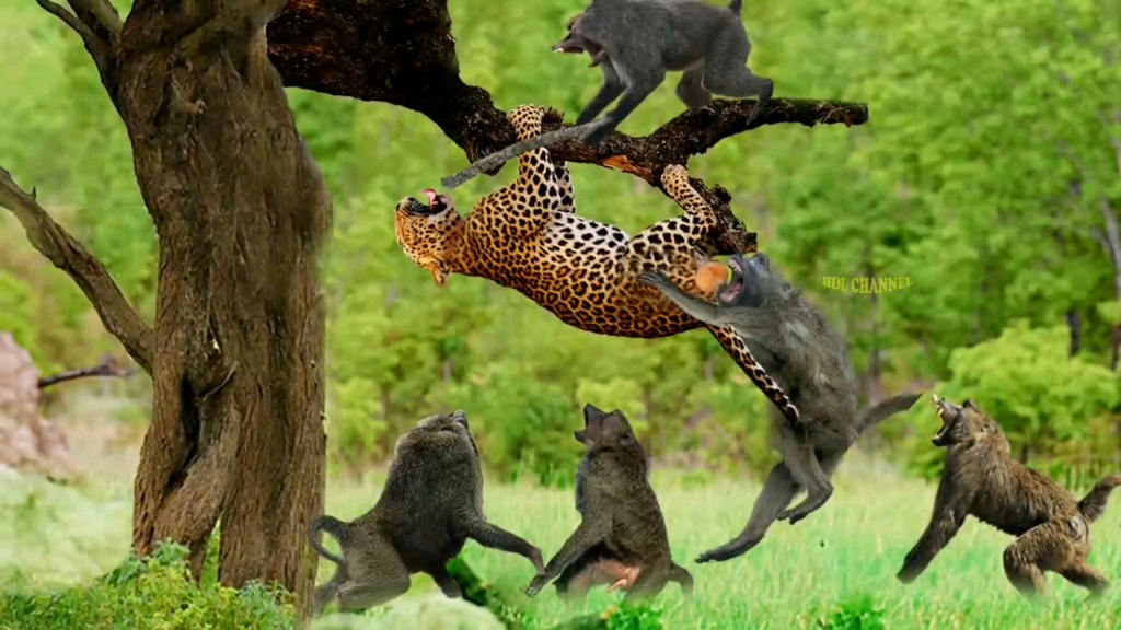 花豹偷袭小狒狒得手,狒狒群殴花豹为娃报仇,看狒狒是怎么收拾花豹的