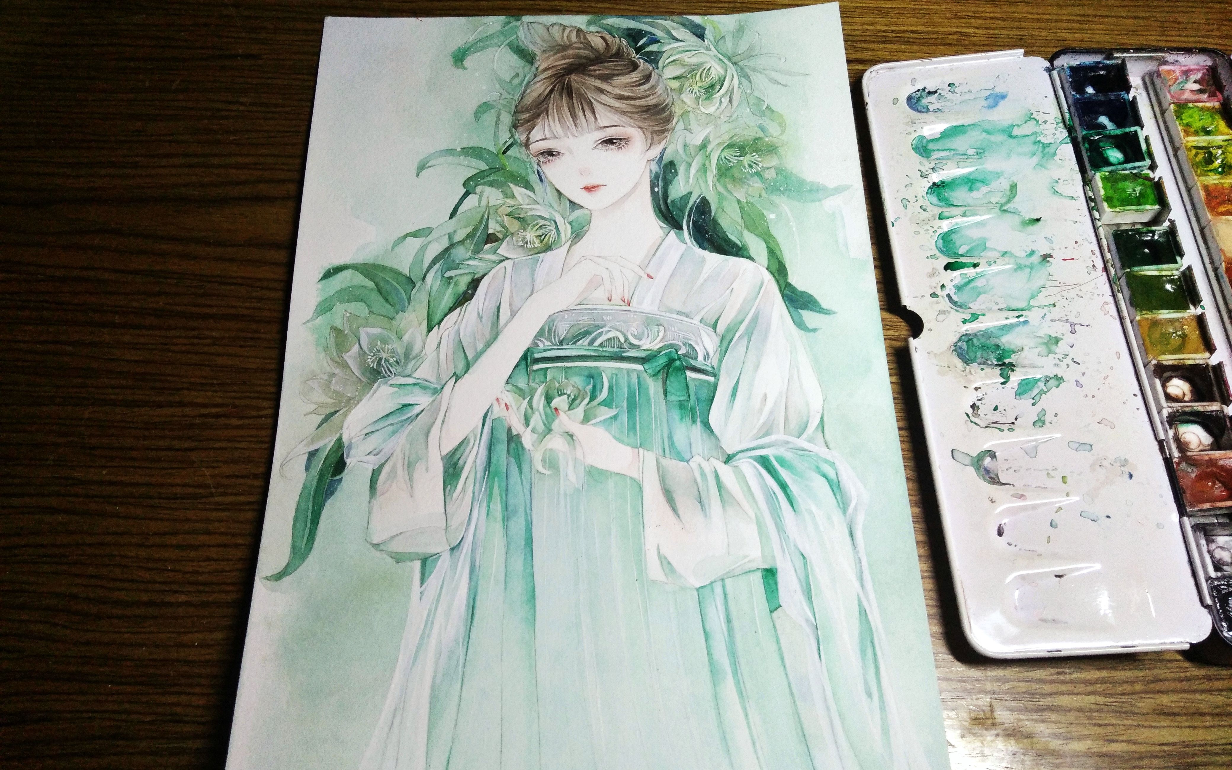 原创水彩教程讲解从线稿到上色全过程昙花拟人