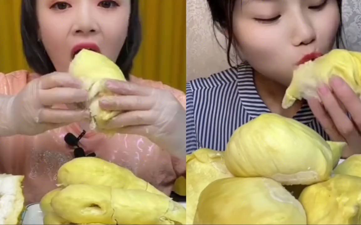 美女大快朵颐的吃榴莲,看着真爽!喜欢吃榴莲的是真爱吃,馋人