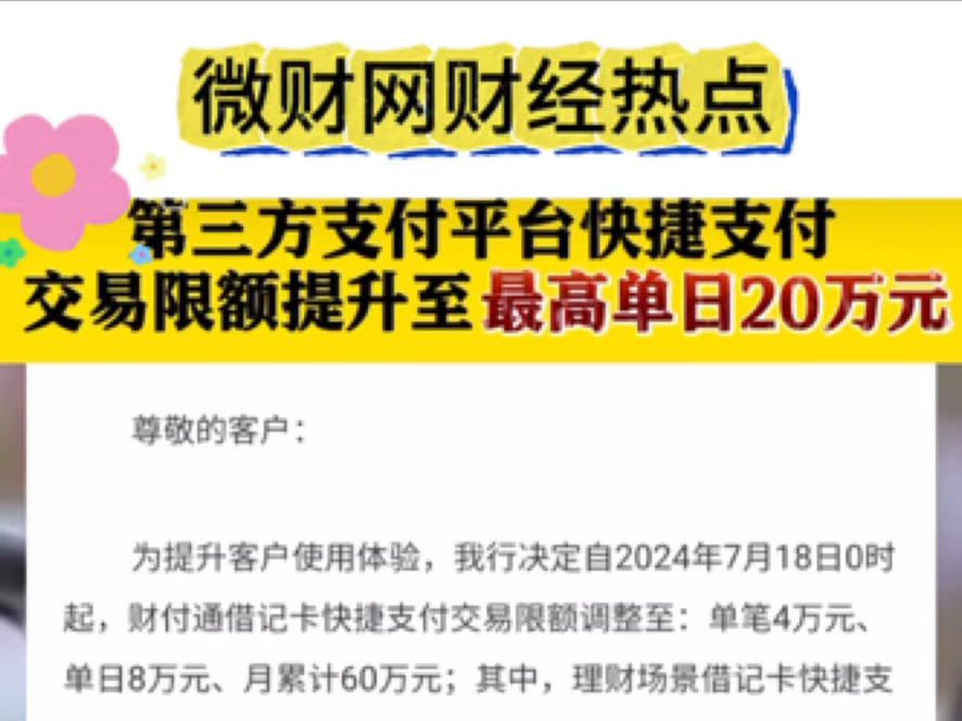 微财网财经热点|第三方支付平台快捷支付交易限额提升至最高单日20万元哔哩哔哩bilibili