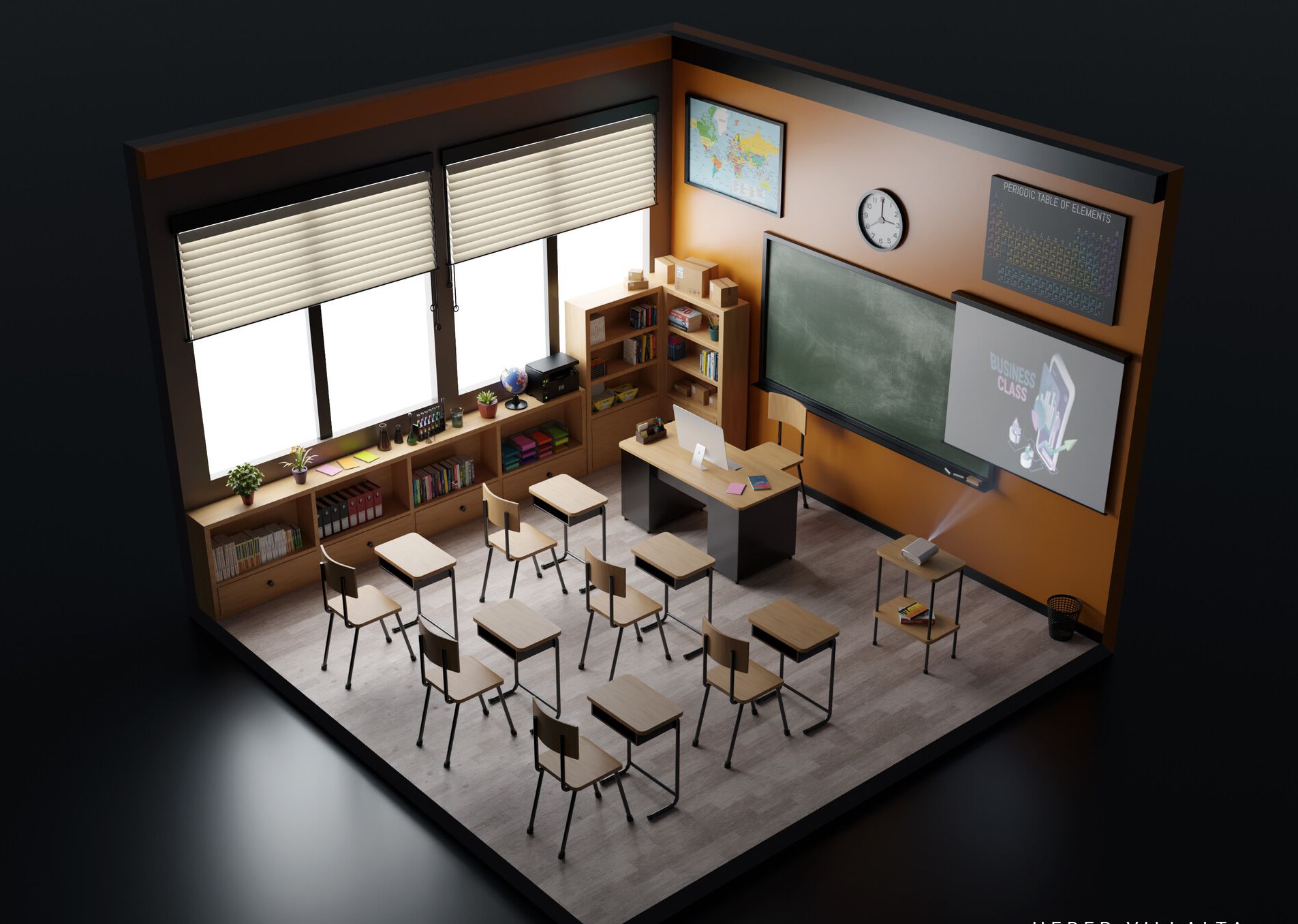 【3dmax场景建模教程】次世代卡通教室模型教学,两小时制作模型 渲染