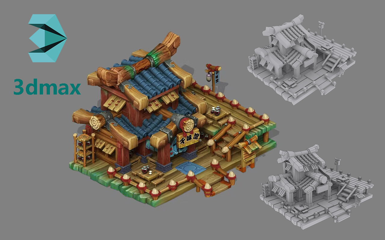 【3dmax场景建模】古风场景模型超详细完整布线教程,零基础建模案例