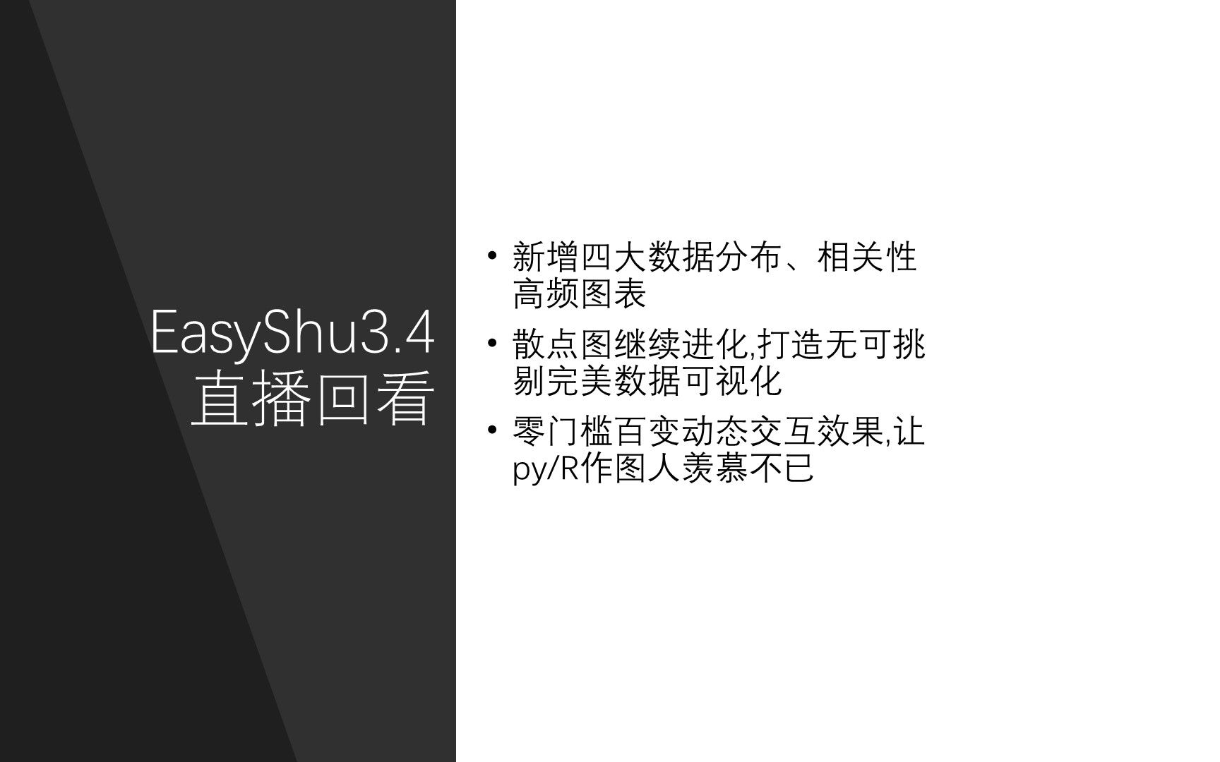 [图]EasyShu3.4直播回看，新增四大高频数据分布、相关性分析图表和一个麦肯锡风格咨询类图表