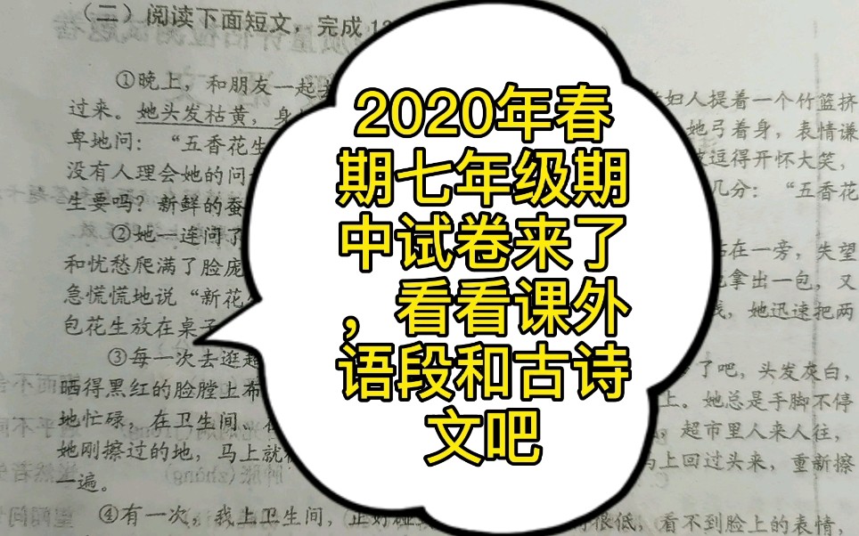 2020年春期七年级期中考试卷来了,看看课外语段和古诗文吧哔哩哔哩bilibili