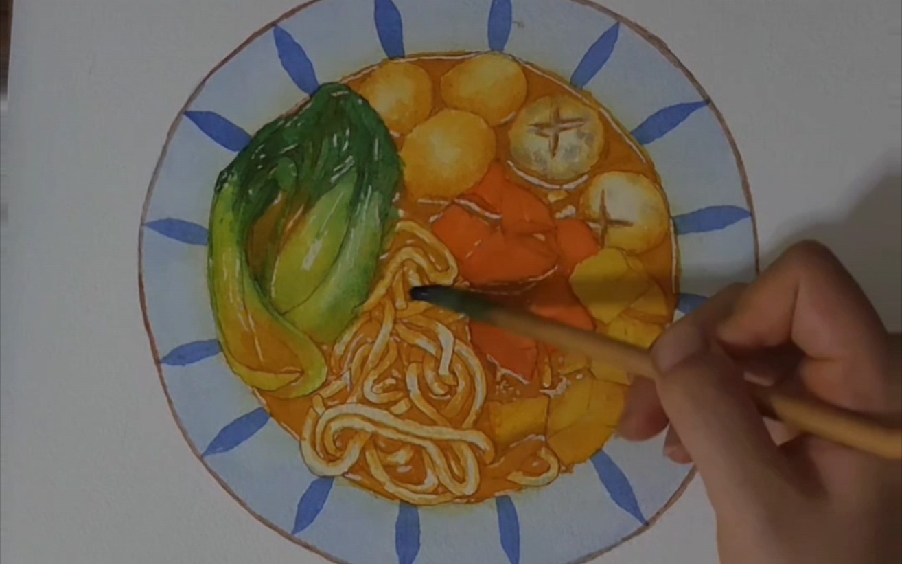 咖喱鱼丸粗面.水彩手绘.