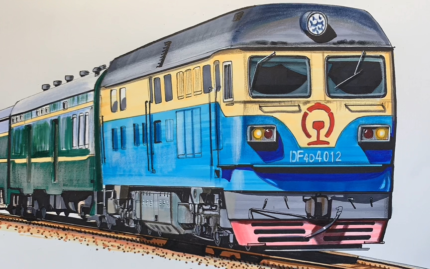 手绘东风4d内燃机绿皮火车