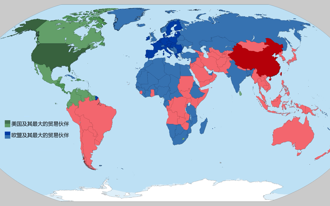 三足鼎立——美中欧各自最大贸易伙伴分布图