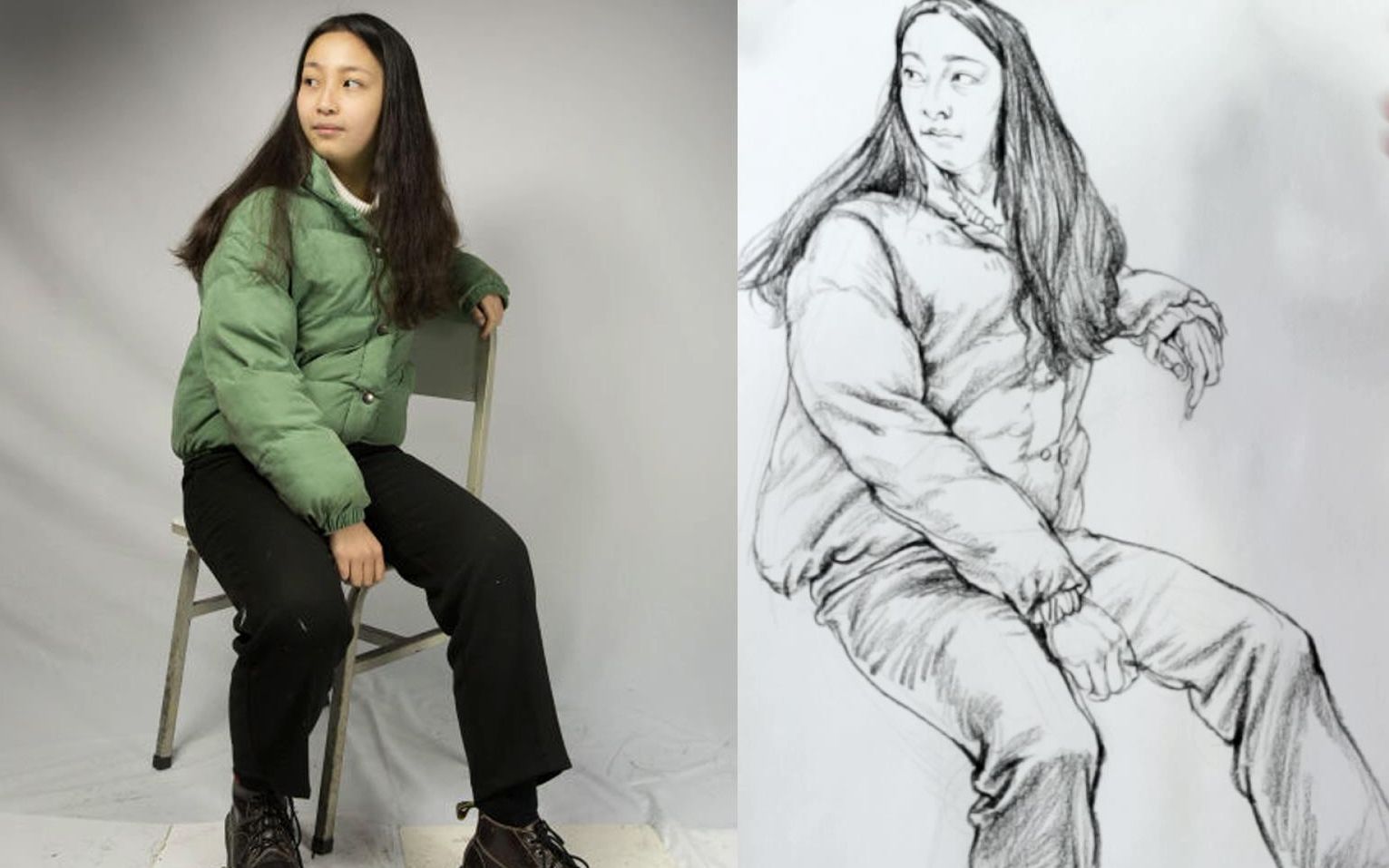 初级单人速写披头发的女青年坐姿