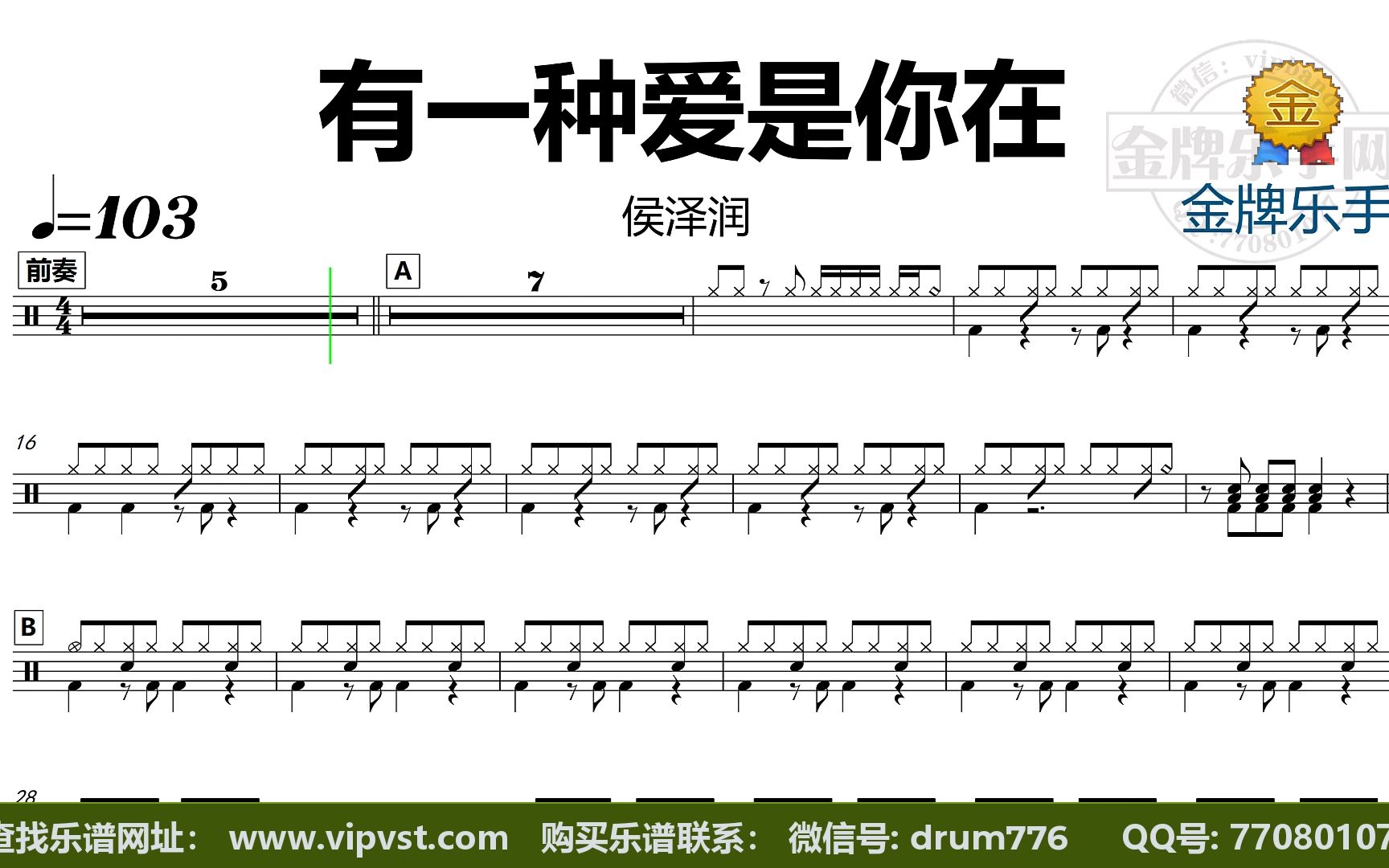 [图]【金牌乐手】DT1662.侯泽润 - 有一种爱是你在 鼓谱 动态鼓谱