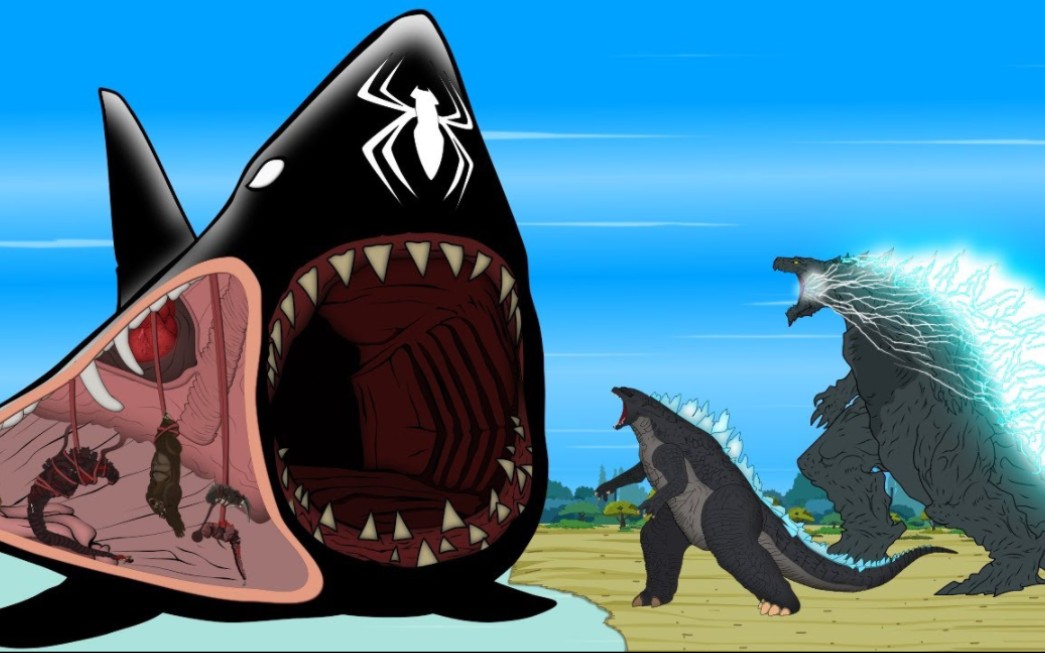 哥斯拉与金刚全被蜘蛛鲨鱼困住,最终小金刚召唤战斧救下大家