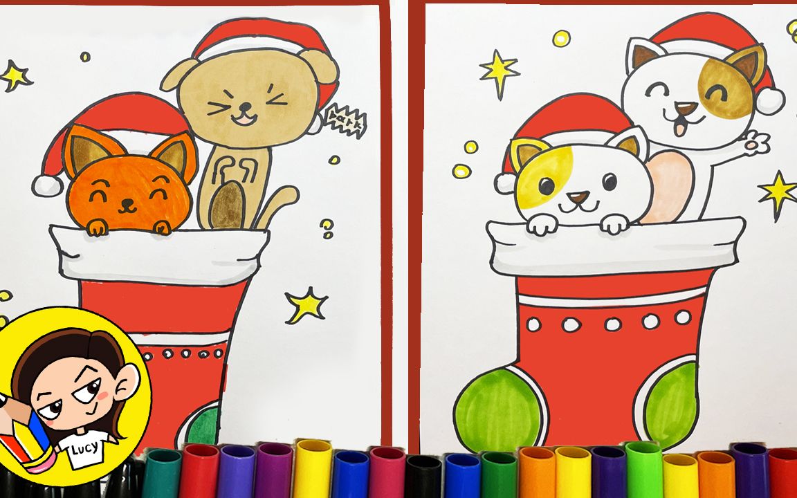 如何画圣诞袜里的小宠物|How To Draw Pets In A Stocking|Easy|简笔画|2022哔哩哔哩bilibili