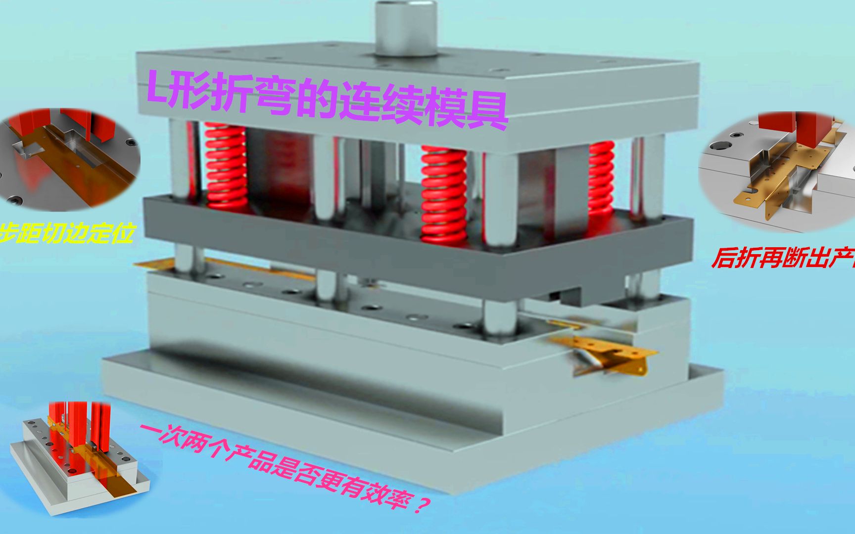 L形折弯的模具设计，3步自动冲压，产品双排形式是否效率更高？