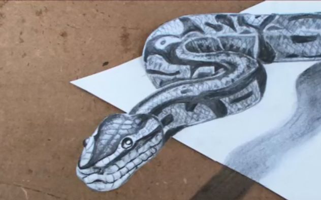 3d绘画在平面画纸上画出一条栩栩如生的立体蛇