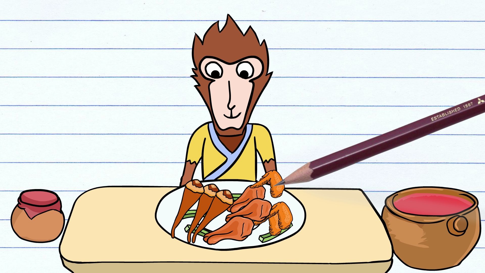 手绘定格动画:大圣当吃播,享受美食的时候,还不忘带上江流儿