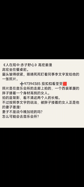 《人在局中:赤子野心》高宏姜漫高宏坐在餐桌前.眉头皱得很紧,眼睛死死盯着同事李文宇发给他的一张照片.照片是在音乐会所的走廊上拍的,一个西装...