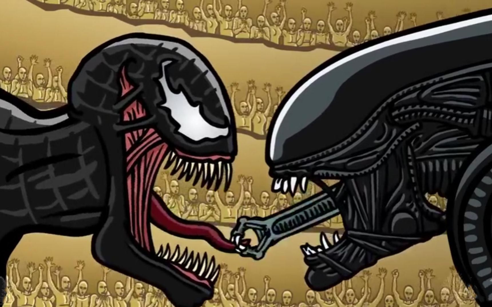 毒液和异形大战,异形却咬住毒液的舌头,上演现实版吻戏!