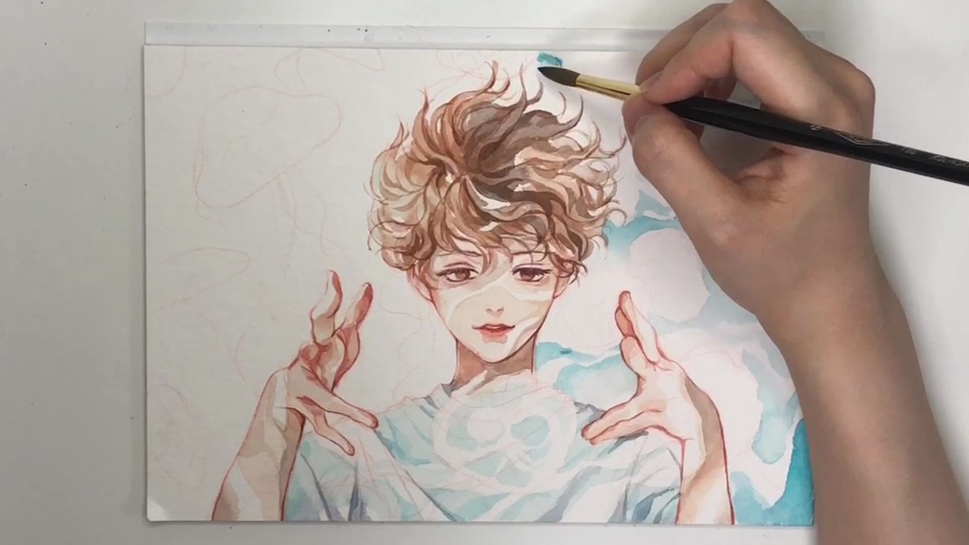 手绘兵器铺漫画人物水彩绘画过程上色演示水母男孩