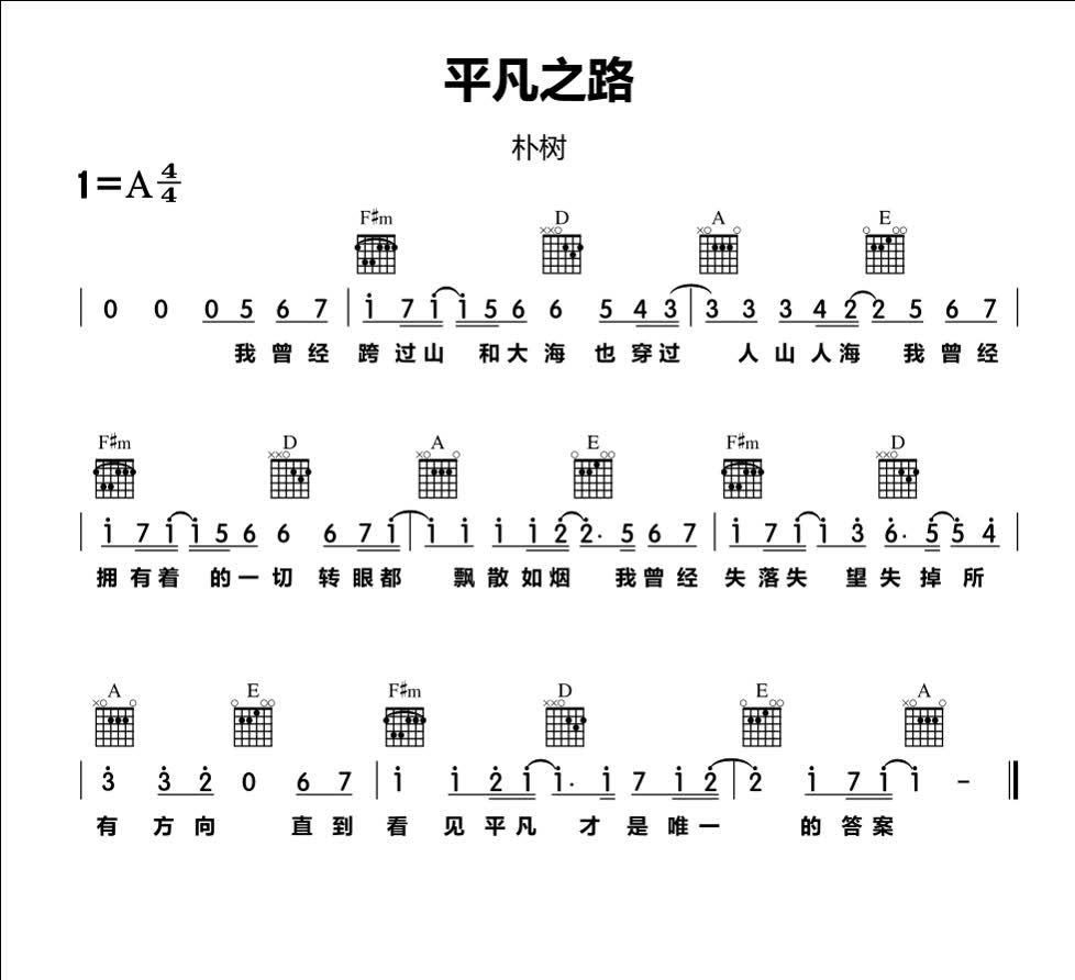 【金牌乐手】朴树  平凡之路 吉他谱 A调 四个和弦带你飞(阿鸟歌)哔哩哔哩bilibili