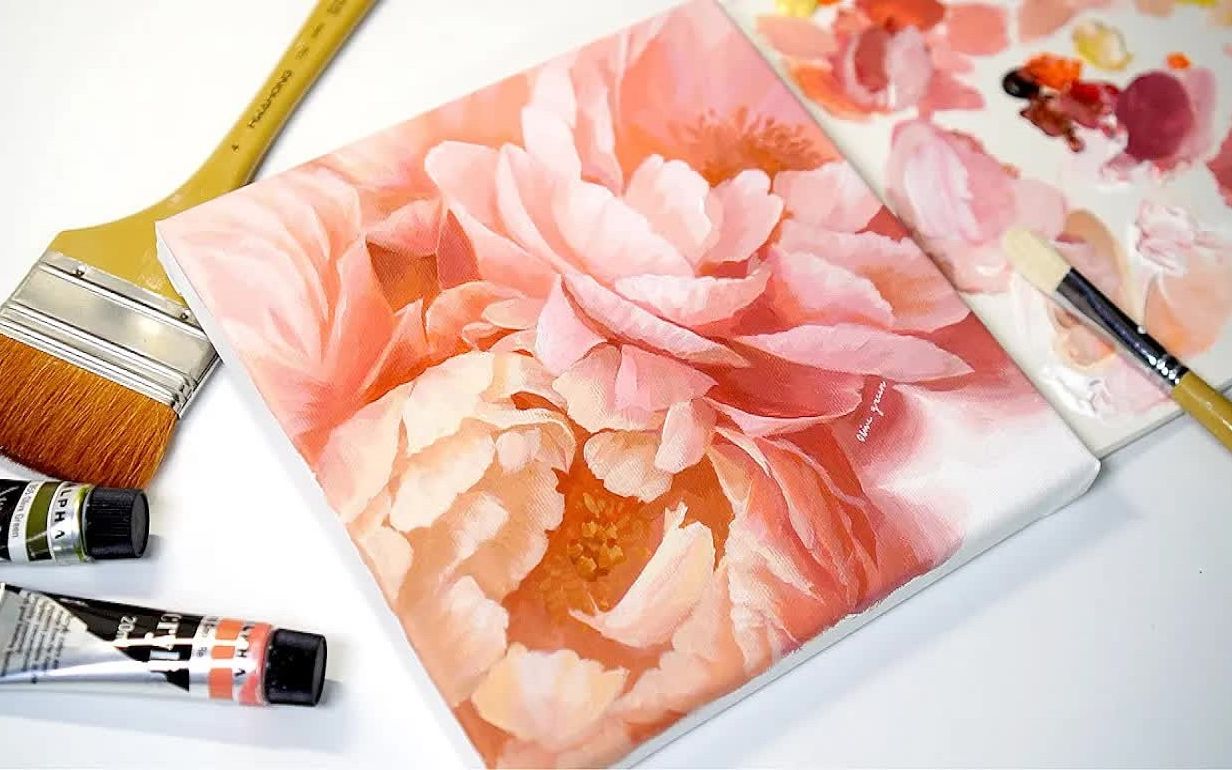 [图]【丙烯画】【绘画教程】【中字】牡丹花-Acrylic Painting Easy Tutorial Peony Flowers