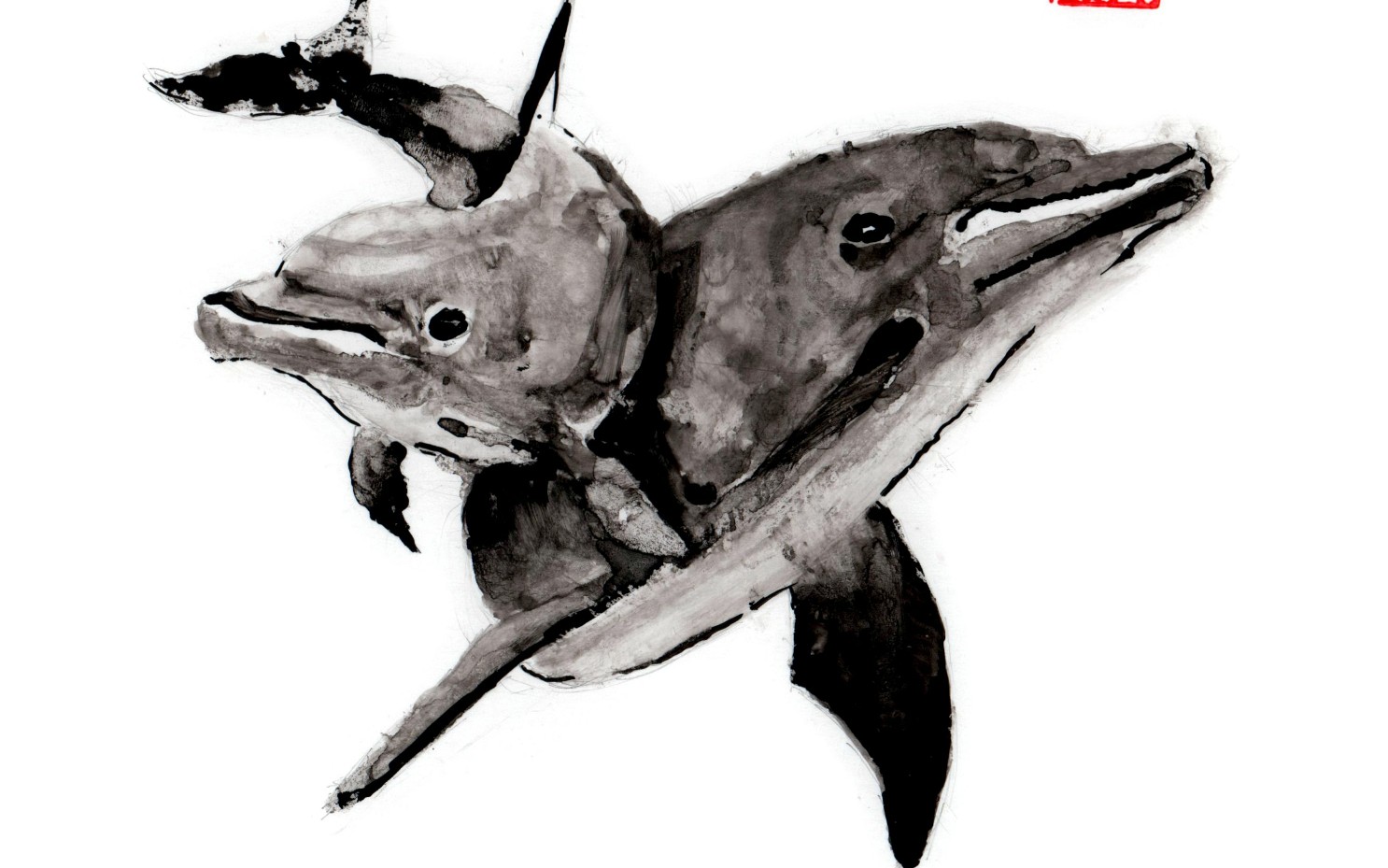 【水墨画】 母亲节到了,抽空随笔画一组小海豚