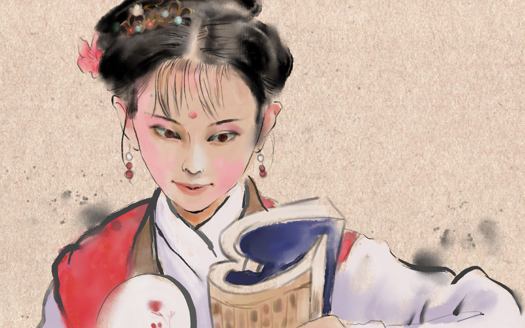 【小狐wyq】香菱学诗之二,又涂了一张香菱,还是尝试一下电脑模拟水墨