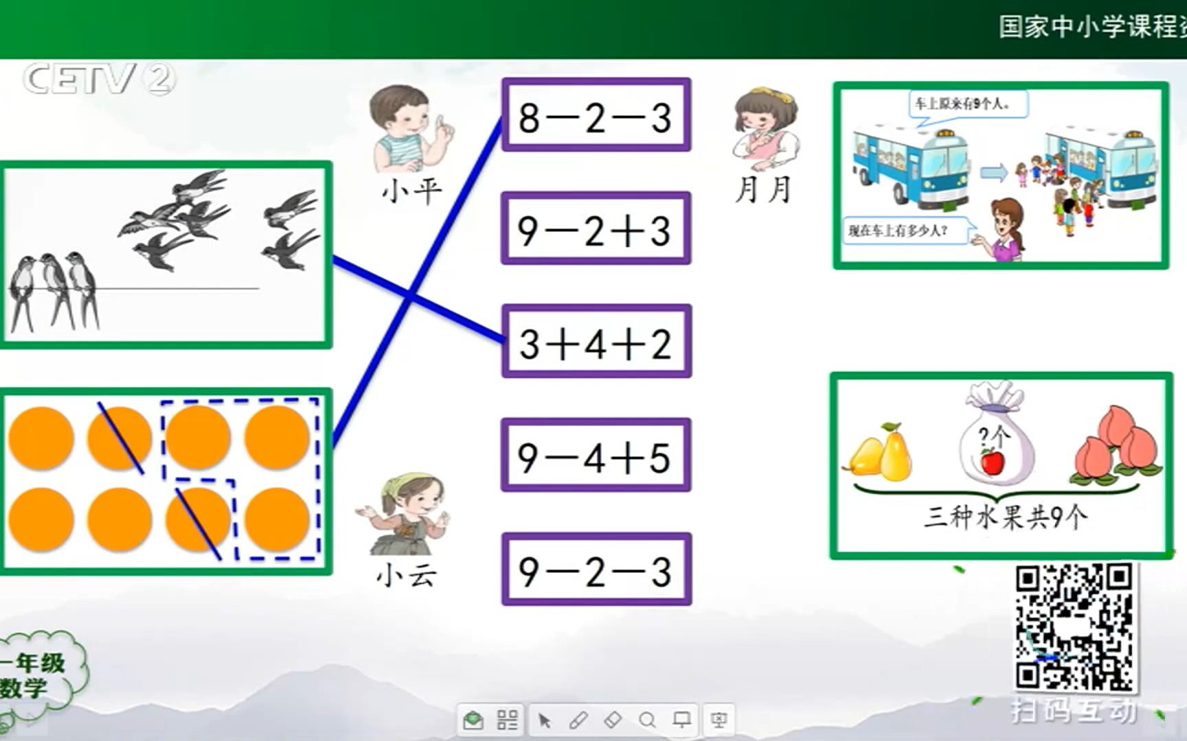 [图]数学启蒙小课堂小学数学一年级上册36《连加连减加减混合练习》