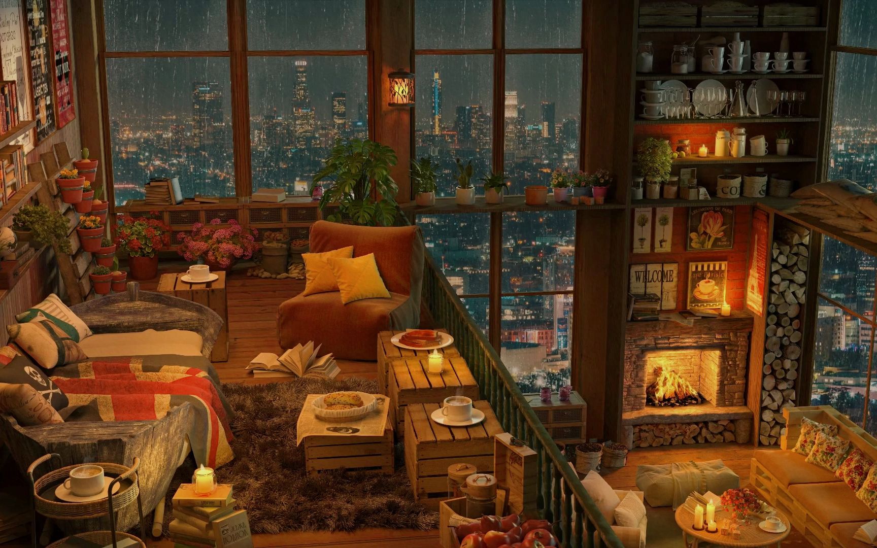 在雨夜的温馨咖啡店,舒缓的爵士音乐,雨声,和夜晚的城市