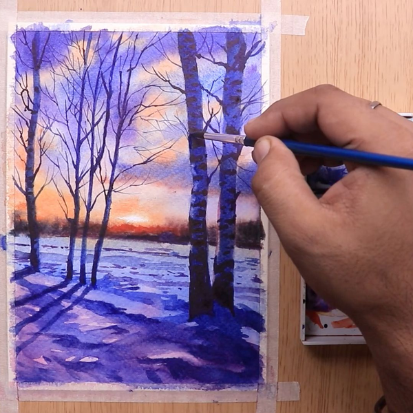 水彩】风景sunset evening landscape of winter easy | Draw with 