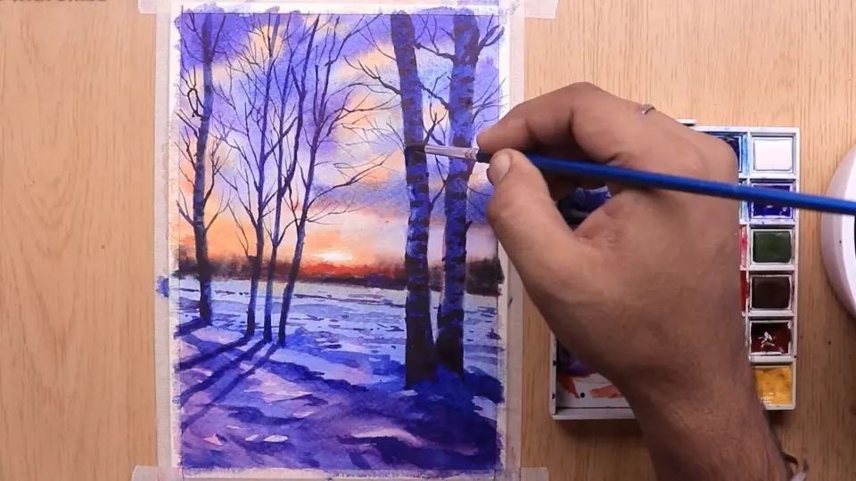 【水彩】风景sunset evening landscape of winter easy | Draw with 