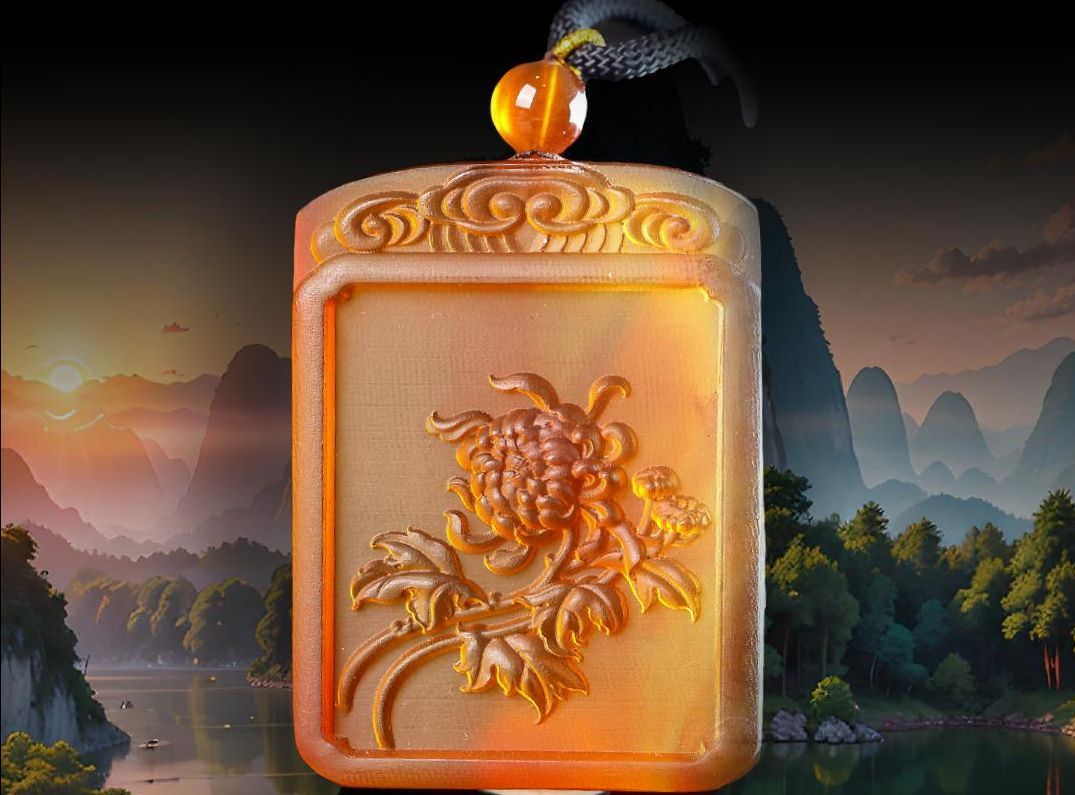 黄茶变色龙琥珀挂件,起货超惊艳=