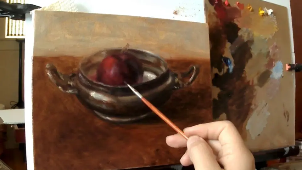 油画静物写生- 银壶和苹果，大约四小时过程（缩时录影），直接画法