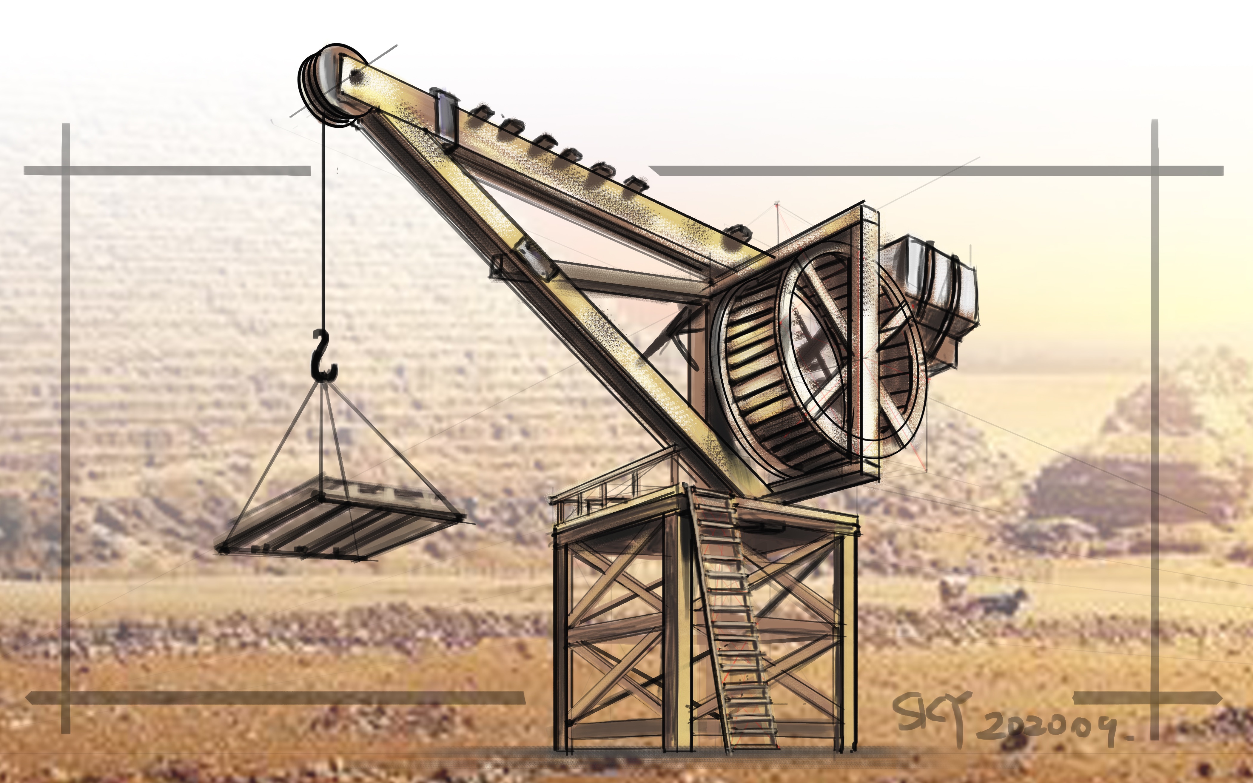活动  乐写板绘-古代木头起重机手绘渲染