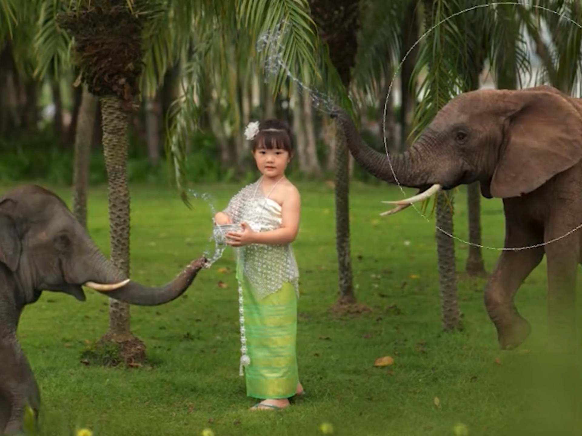 帮你合成图片,在照片加上两只大象,小孩子喜欢