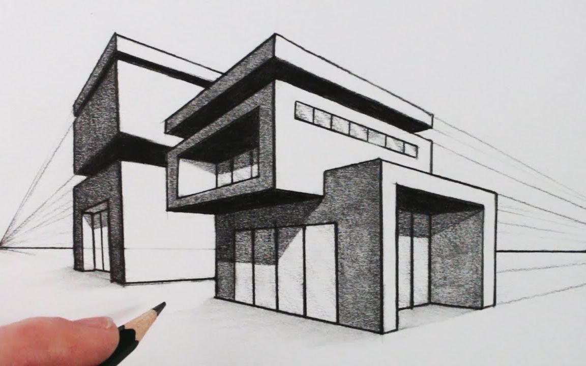 【绘画干货】两点透视画房子 丨 教你用成角透视画现代住宅丨透视原理
