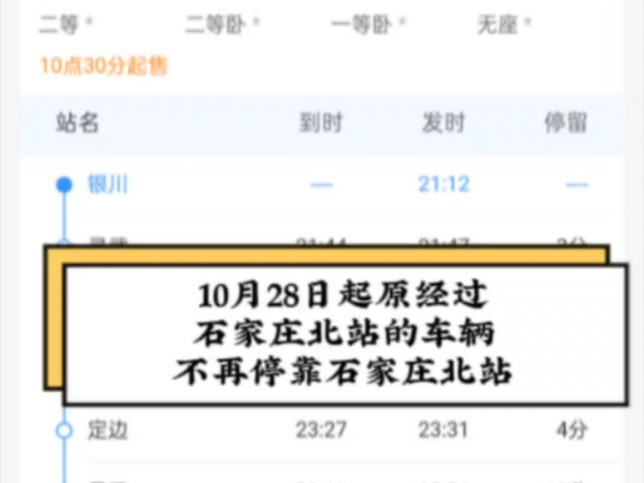 据铁路12306最新显示的信息,10月28日0时起,原经过石家庄北站的大部分车辆,会直接通过石家庄北站,不再停靠,但该线路的其他站点基本不变.哔哩...
