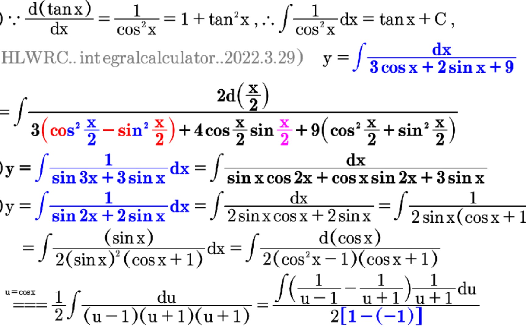 【万能公式PK裂项相消法】求解不定积分∫1/(3cosx+2sinx+9)dx,∫dx/(sin3x+3sinx)和∫dx/(2sinx+sin2x)@海离薇.哔哩哔哩bilibili