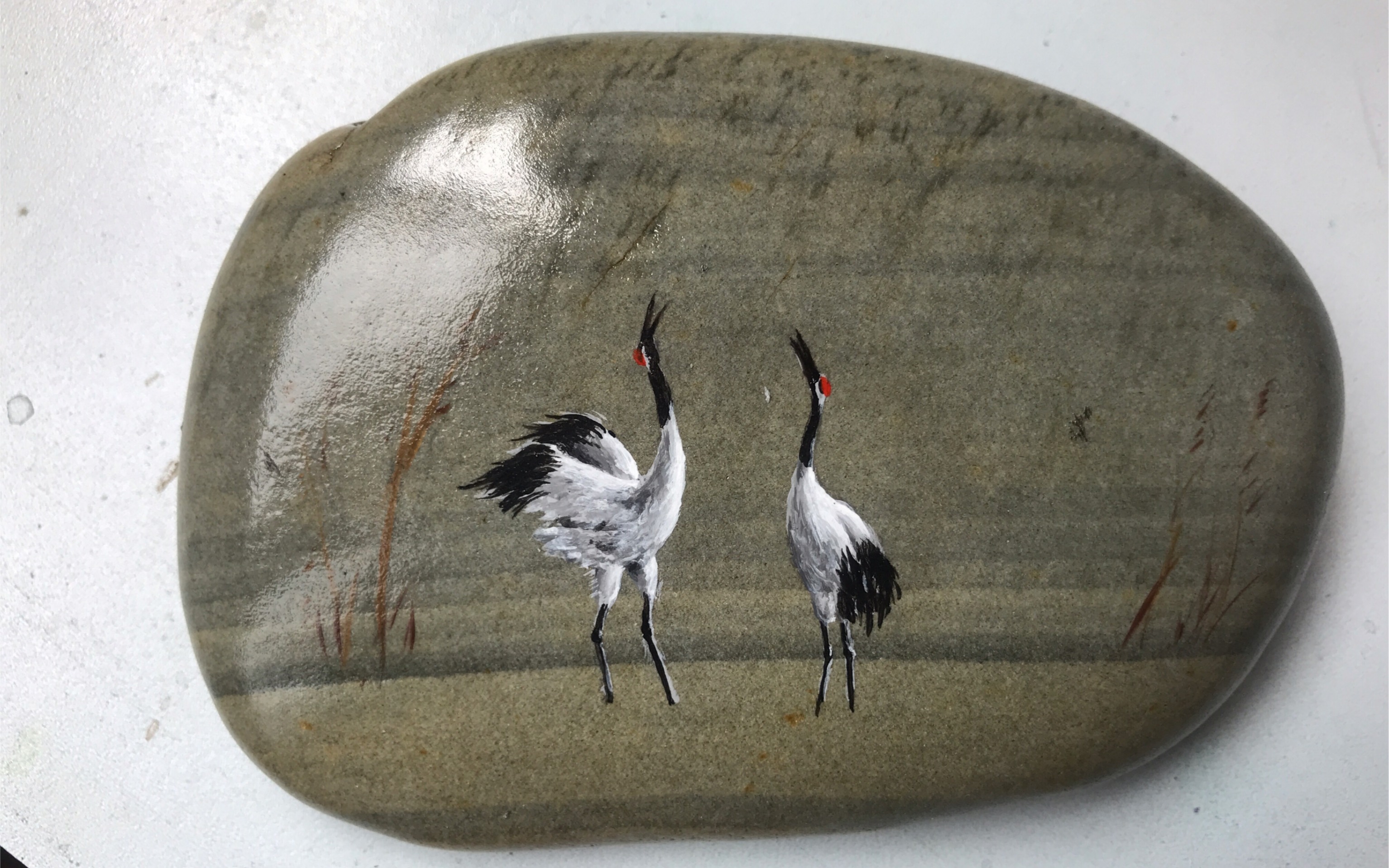 丙烯石头画一一鹤鸣