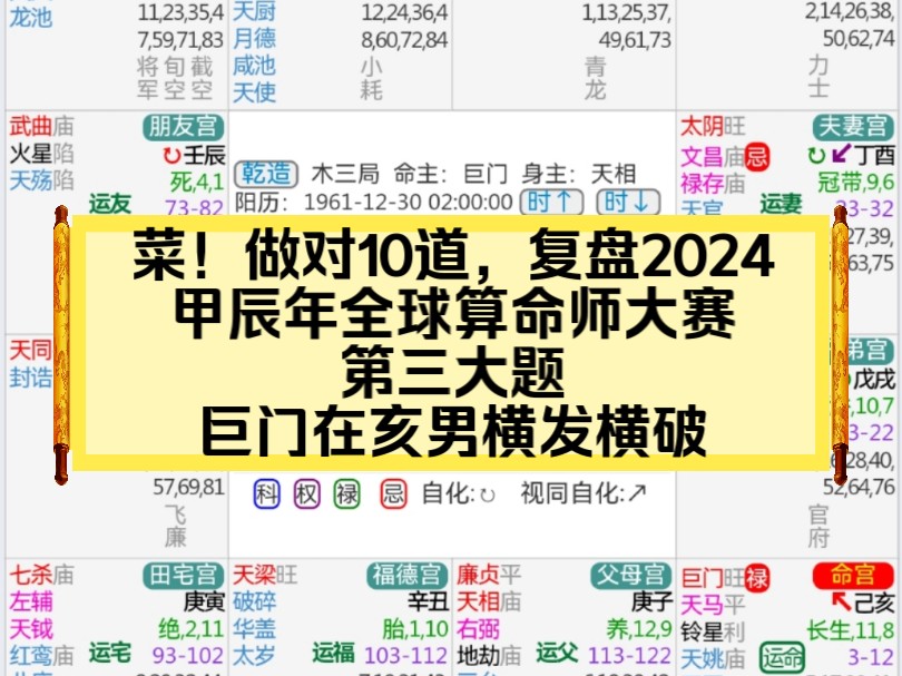 我是菜鸟!40道题总共做对10道,复盘2024年全球算命师大赛第三大题,巨门在亥男,凭运气赚的又凭本事赔回去哔哩哔哩bilibili