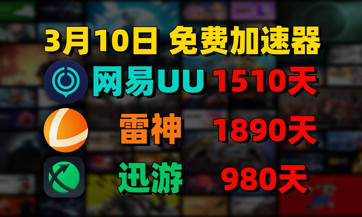 3月10日UU加速器免费1510天兑换口令!雷神1890天兑换码!迅游980天!还有更多加速器的 周卡/月卡/天卡/ 先到先得! 兑换口令!人手一份!网络游戏...