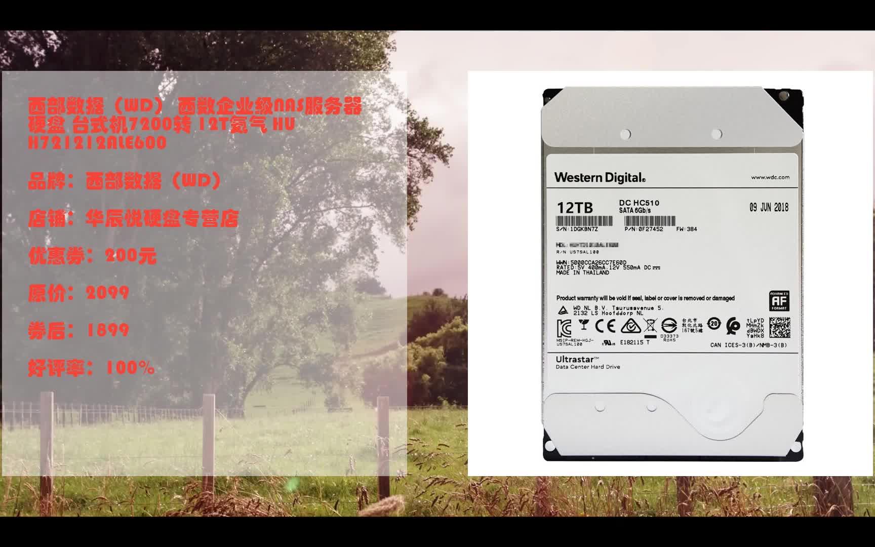 618优惠 西部数据(WD) 西数企业级NAS服务器硬盘 台式机7200转 12T氦气 HUH721212ALE600 优惠介绍